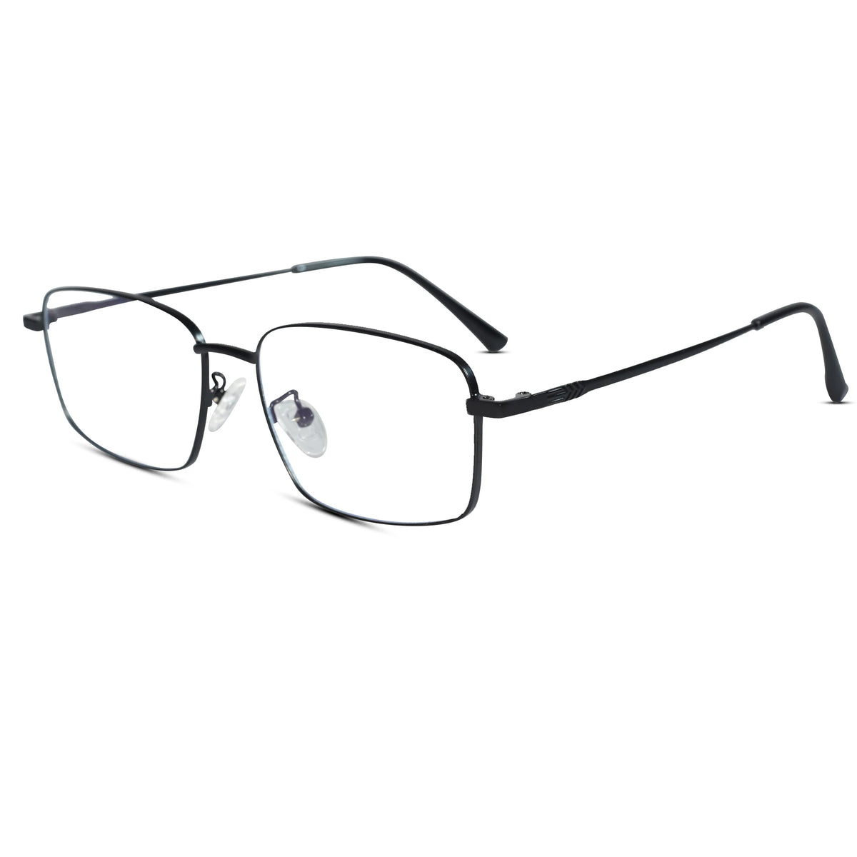 A pair of semi-rimless rectangular metal eyeglasses with a thin black frame and clear lenses, shown from a three-quarters angle on a solid white background.