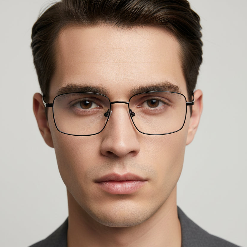 A pair of semi-rimless rectangular metal eyeglasses with a thin black frame and clear lenses, shown from a three-quarters angle on a solid white background.