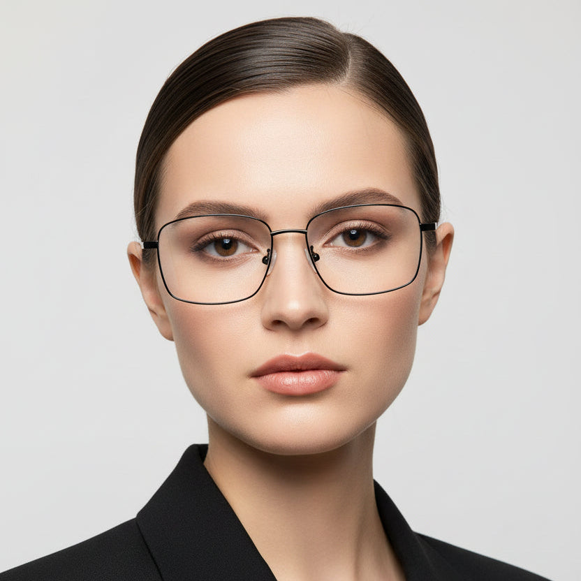 A pair of semi-rimless rectangular metal eyeglasses with a thin black frame and clear lenses, shown from a three-quarters angle on a solid white background.