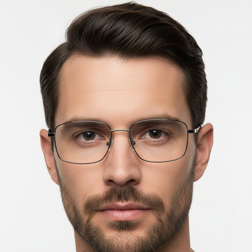 Rectangular metal eyeglasses with a thin silver-tone frame and black temple tips, shown on a plain white background.