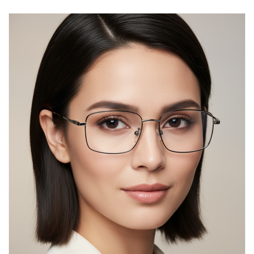 Rectangular metal eyeglasses with a thin silver-tone frame and black temple tips, shown on a plain white background.