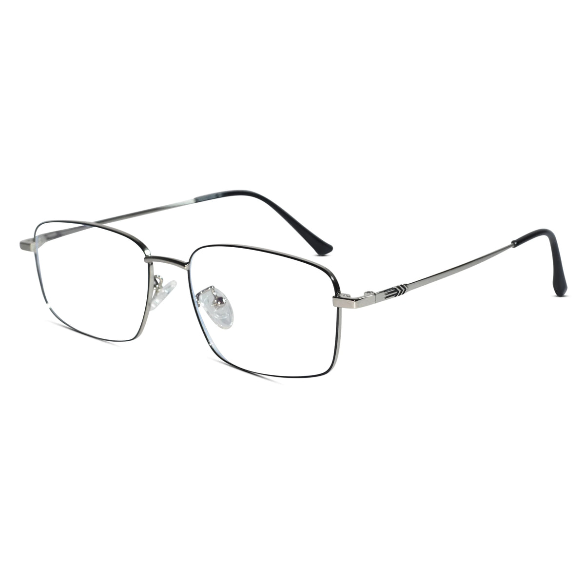 Rectangular metal eyeglasses with a thin silver-tone frame and black temple tips, shown on a plain white background.