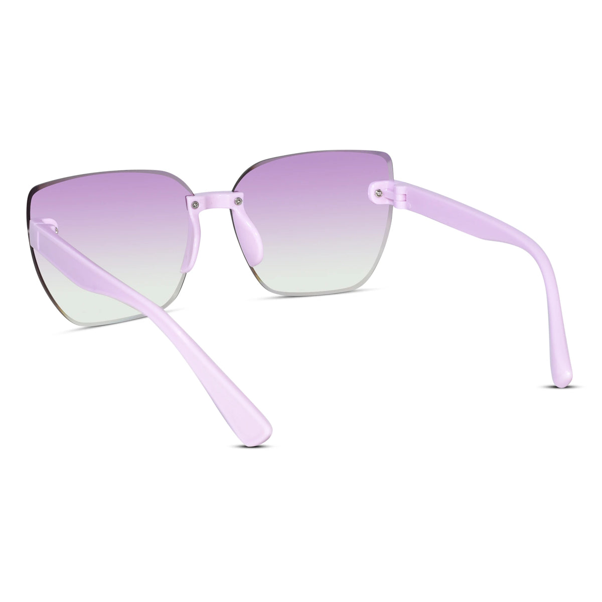 Light purple rimless sunglasses with gradient lenses that fade from lavender to pale green, shown on a white background.