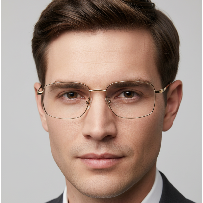 A pair of semi-rimless metal eyeglasses with a gold-tone frame and black temple tips, shown on a plain white background.