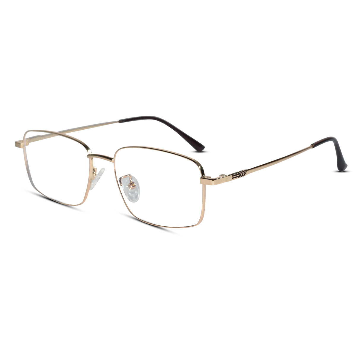 A pair of semi-rimless metal eyeglasses with a gold-tone frame and black temple tips, shown on a plain white background.