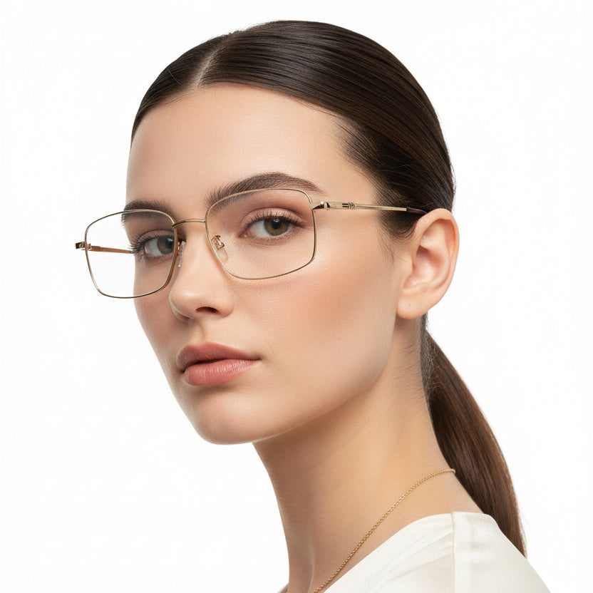 A pair of semi-rimless metal eyeglasses with a gold-tone frame and black temple tips, shown on a plain white background.