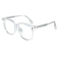 Clear acetate square eyeglasses with clear lenses and silver metal temples, shown on a solid white background.