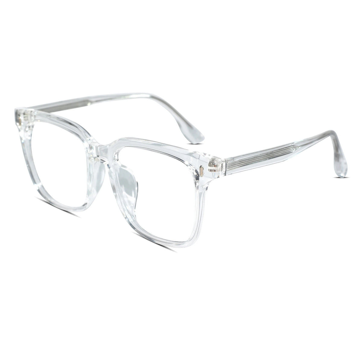 Clear acetate square eyeglasses with clear lenses and silver metal temples, shown on a solid white background.