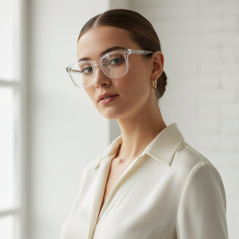 Clear acetate square eyeglasses with clear lenses and silver metal temples, shown on a solid white background.