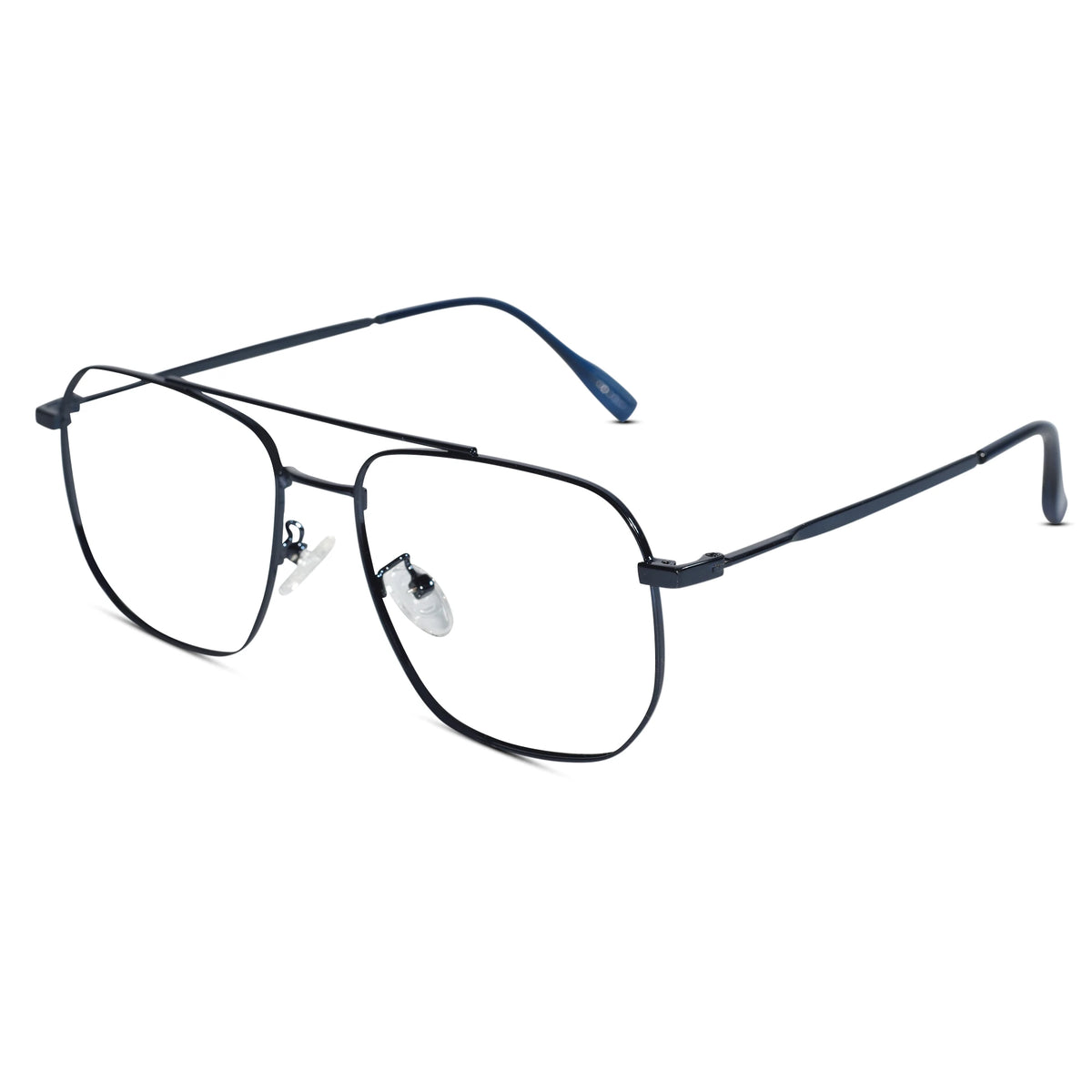 A pair of metal eyeglasses with a thin double-bridge design and clear lenses, shown on a plain white background.