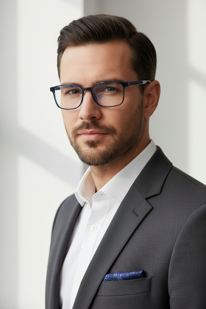 A pair of square-frame eyeglasses with a translucent dark blue acetate frame and clear lenses, shown from a three-quarters angle on a solid white background.