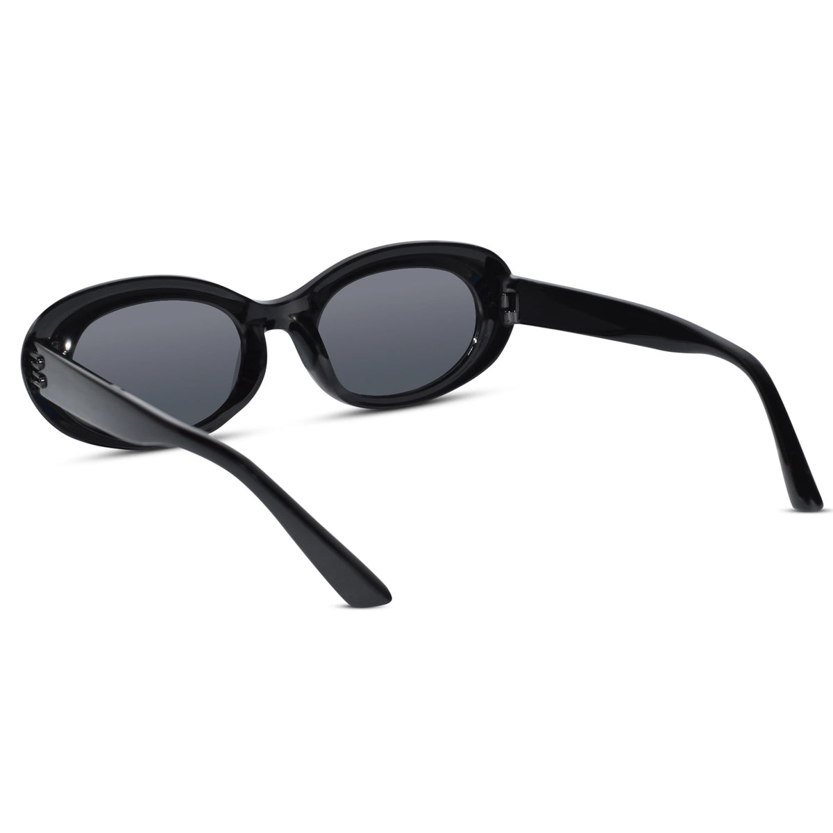 Black cat-eye sunglasses with dark gray lenses, shown from a three-quarters angle on a white background.
