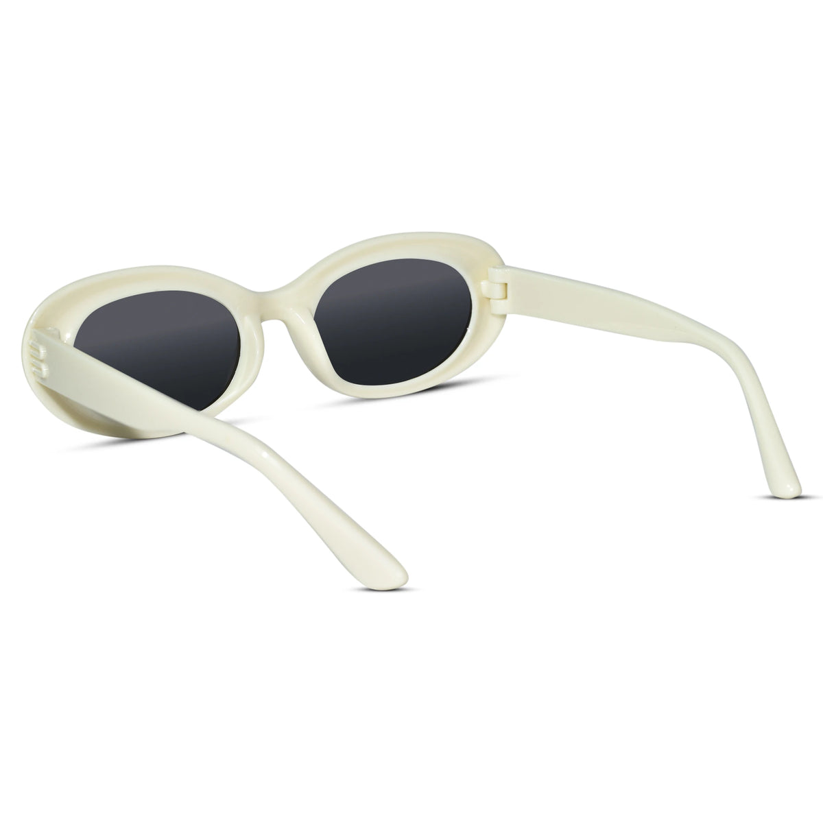 Oval sunglasses with a cream-colored frame and dark gray lenses, shown from a side angle on a white background.