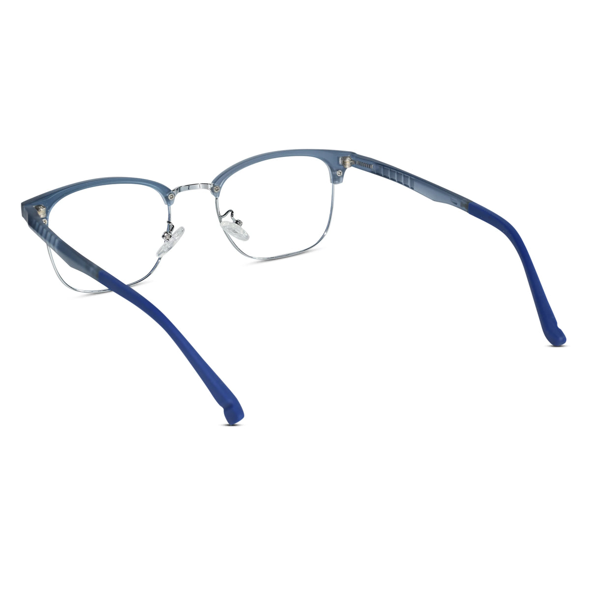 Blue semi-transparent cat-eye eyeglasses with clear lenses and blue temple arms, shown on a plain white background.