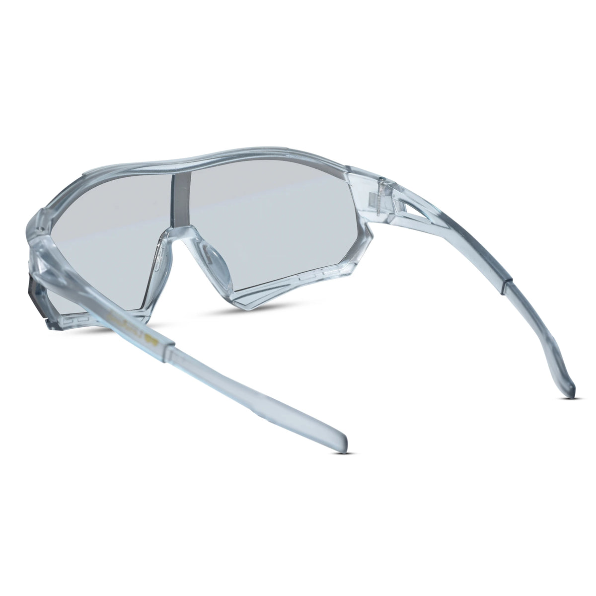 Clear safety glasses with a transparent frame and light gray lenses, shown from a three-quarters angle on a white background.