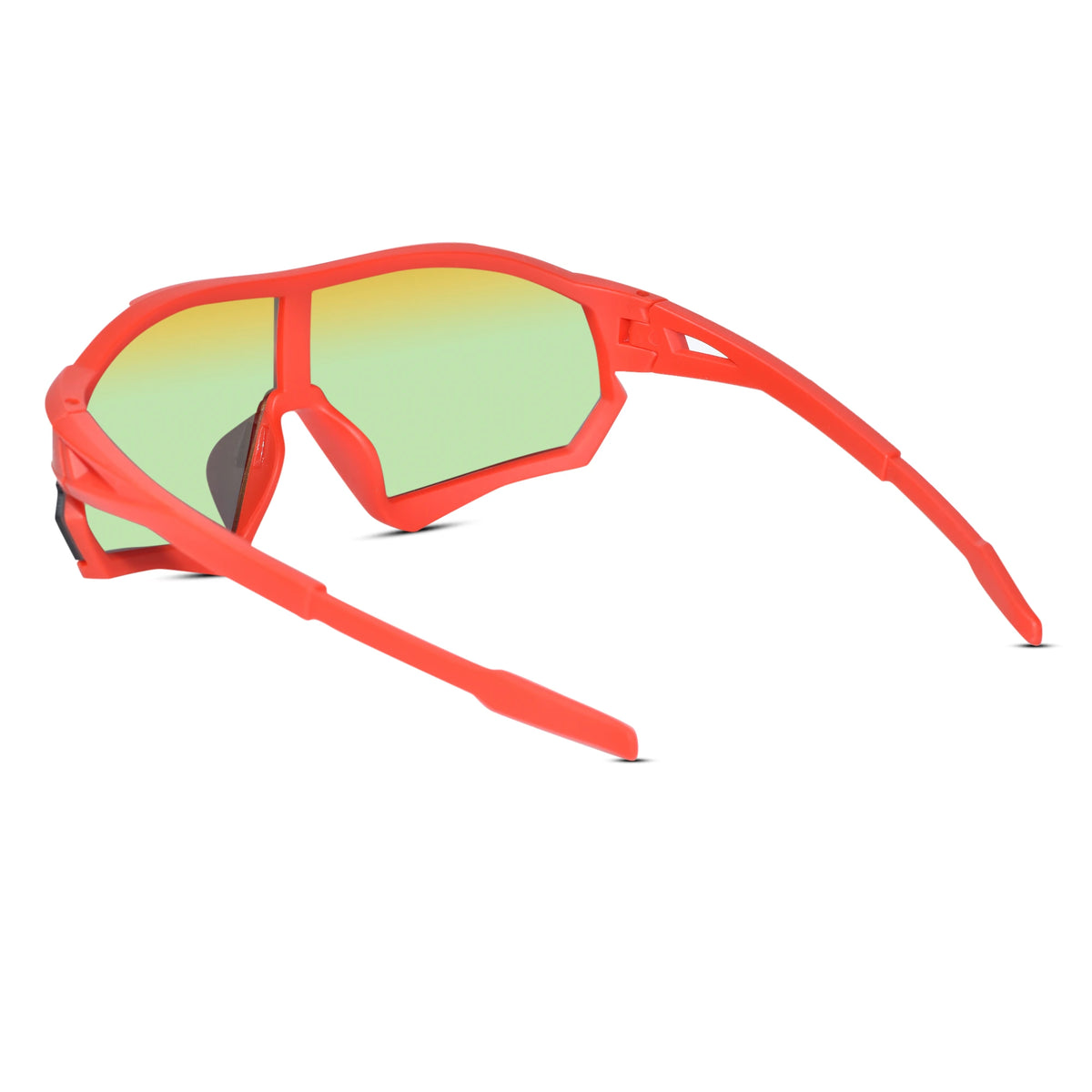 Sport sunglasses with a bright red frame and mirrored green-to-yellow lenses, shown from a side angle on a white background.