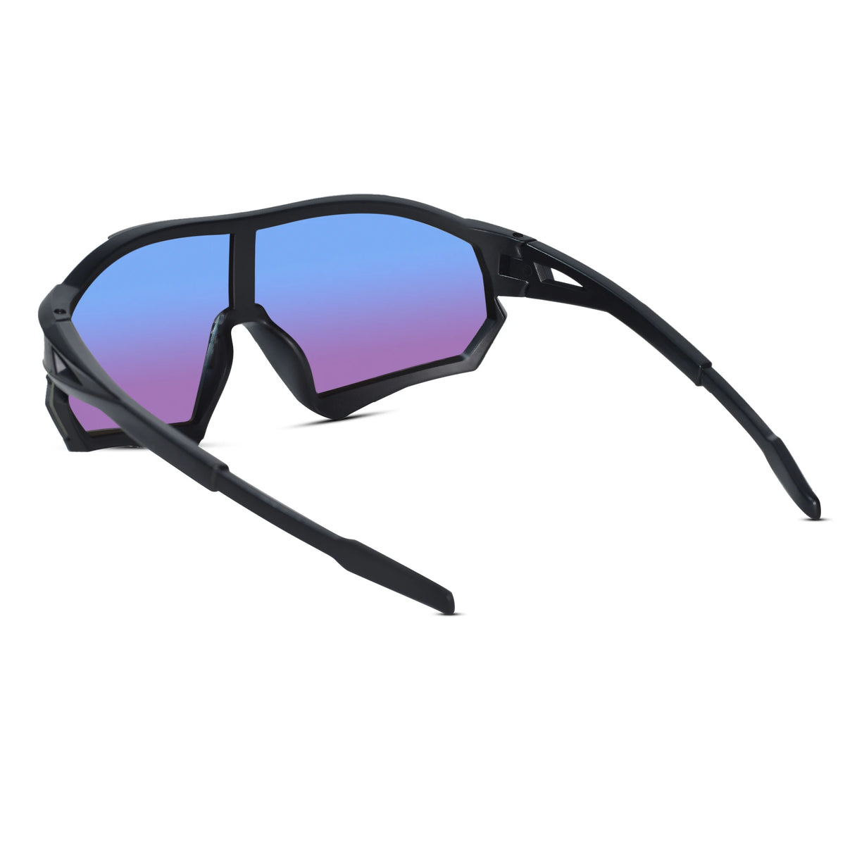 Black wrap-around sports sunglasses with a blue-to-purple gradient mirrored lens, shown from a three-quarters angle on a white background.