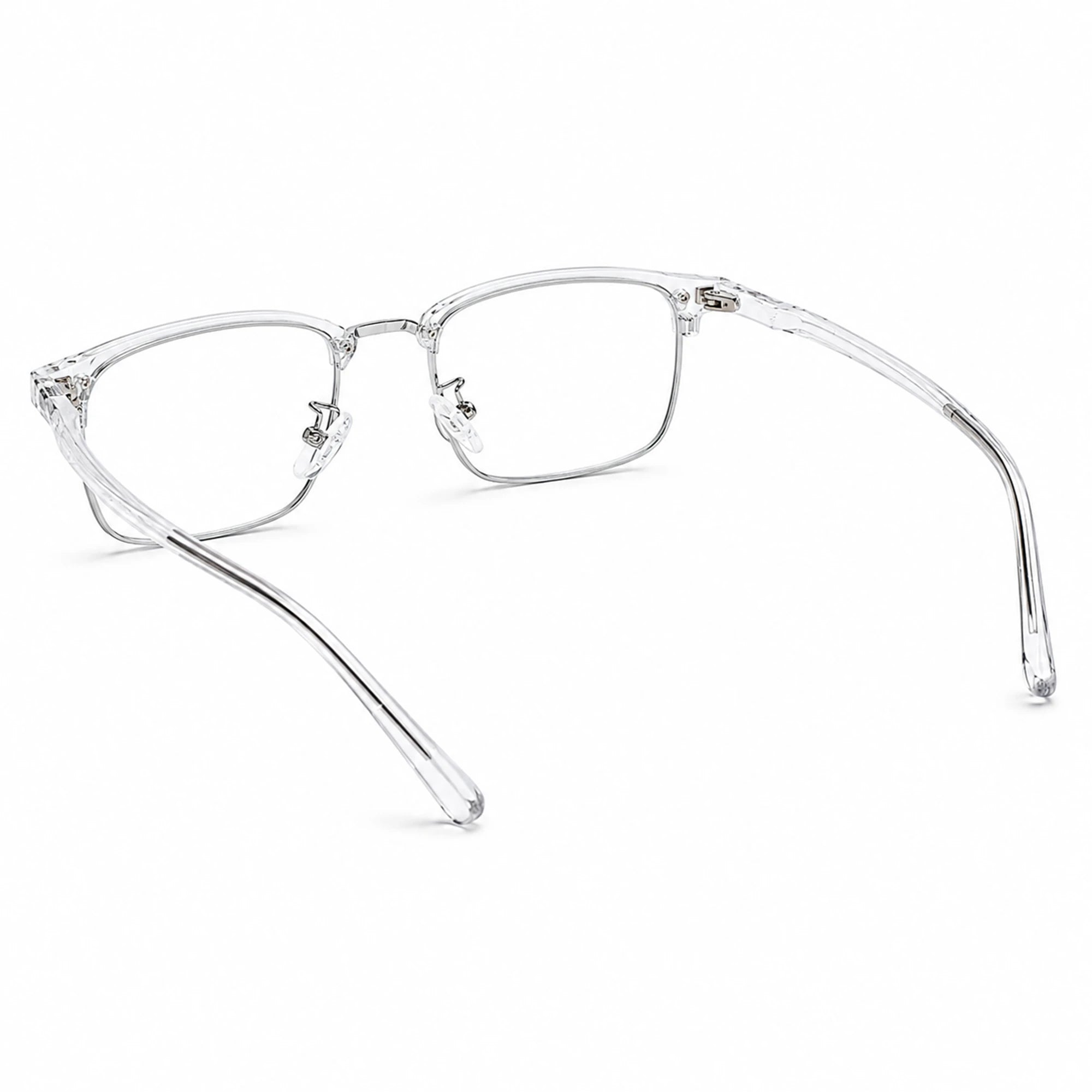 Clear acetate full-rim eyeglasses with a square lens shape and silver metal hinge accents, displayed on a clean white background.