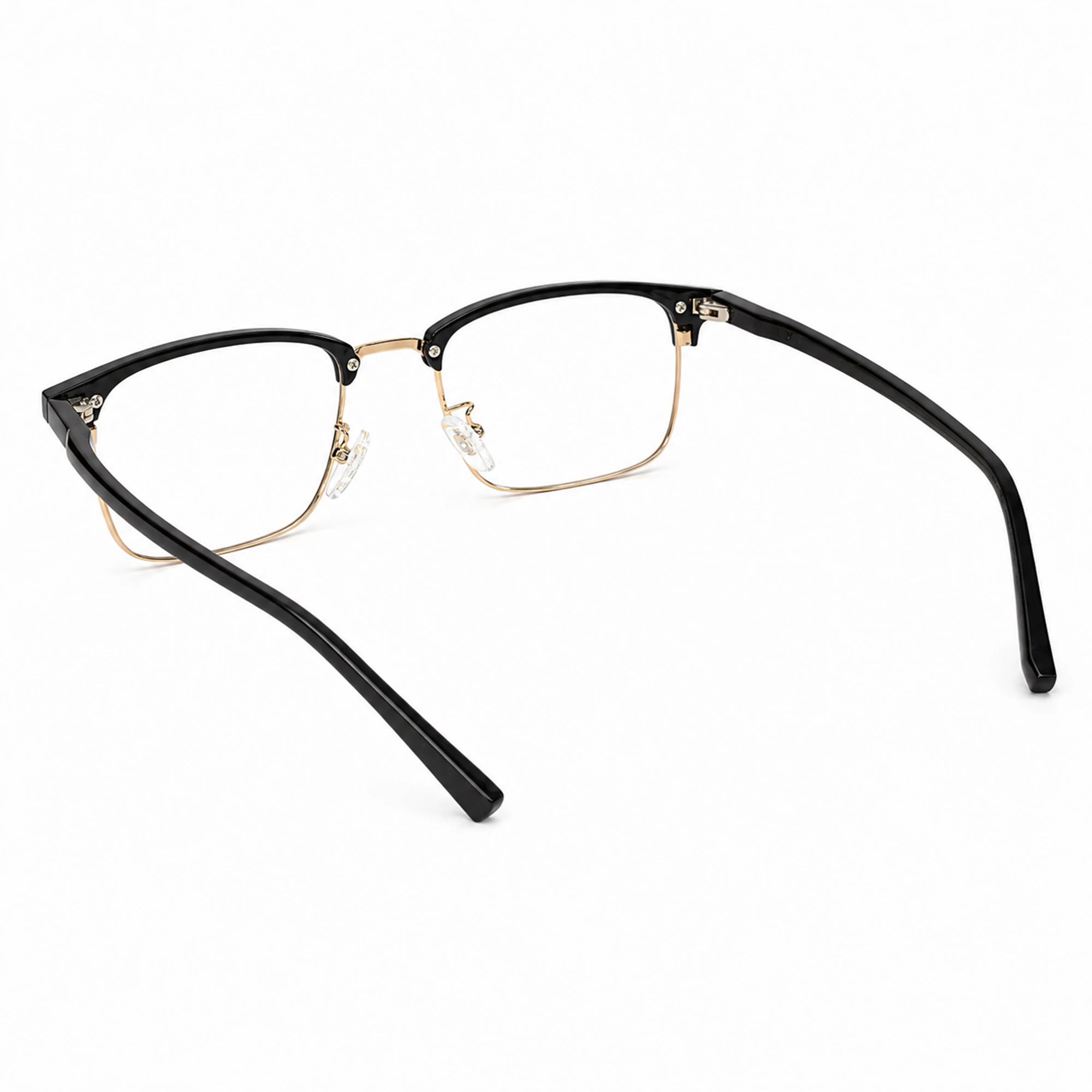 Black and gold semi-rimless eyeglasses with clear lenses, displayed on a clean white background.