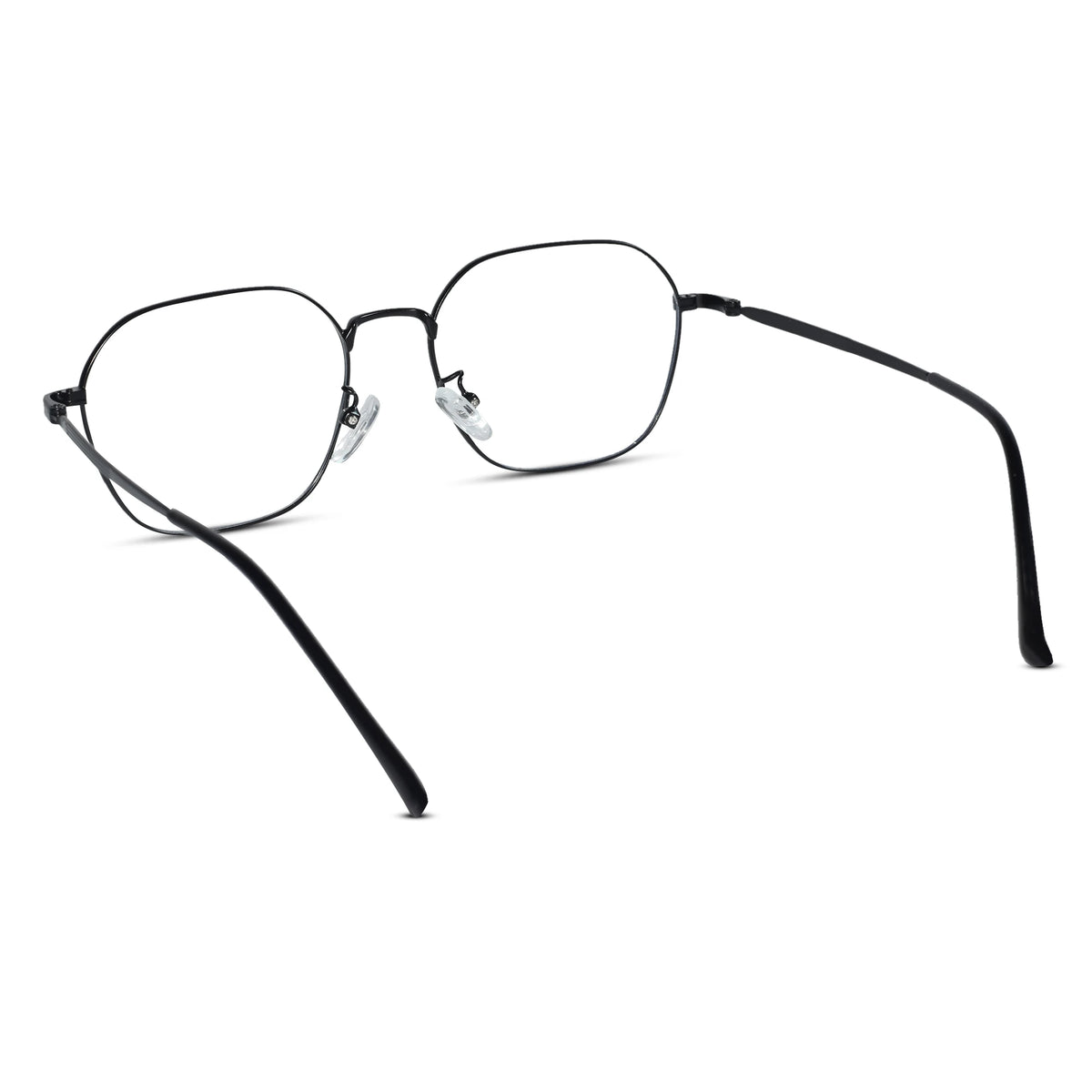 Thin metal eyeglasses with a black frame and clear lenses, shown from a side angle on a plain white background.