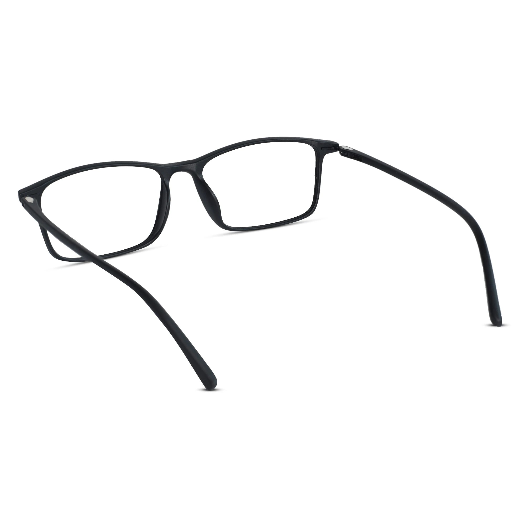 Matte black full-rim eyeglasses with a rectangular lens shape and thin temples, shown from a side angle on a plain white background.