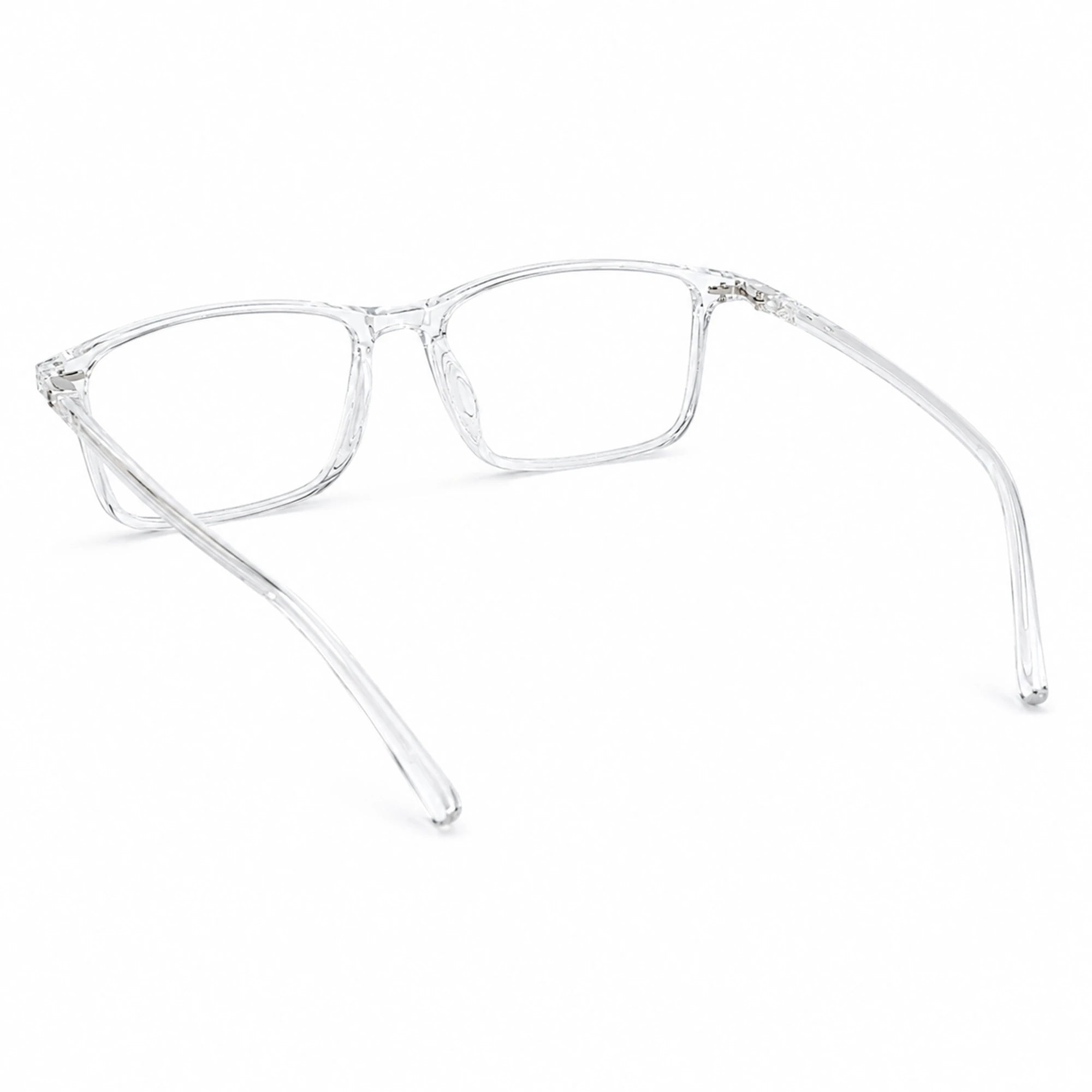Clear transparent square-frame eyeglasses with thin temples, shown on a plain white background.