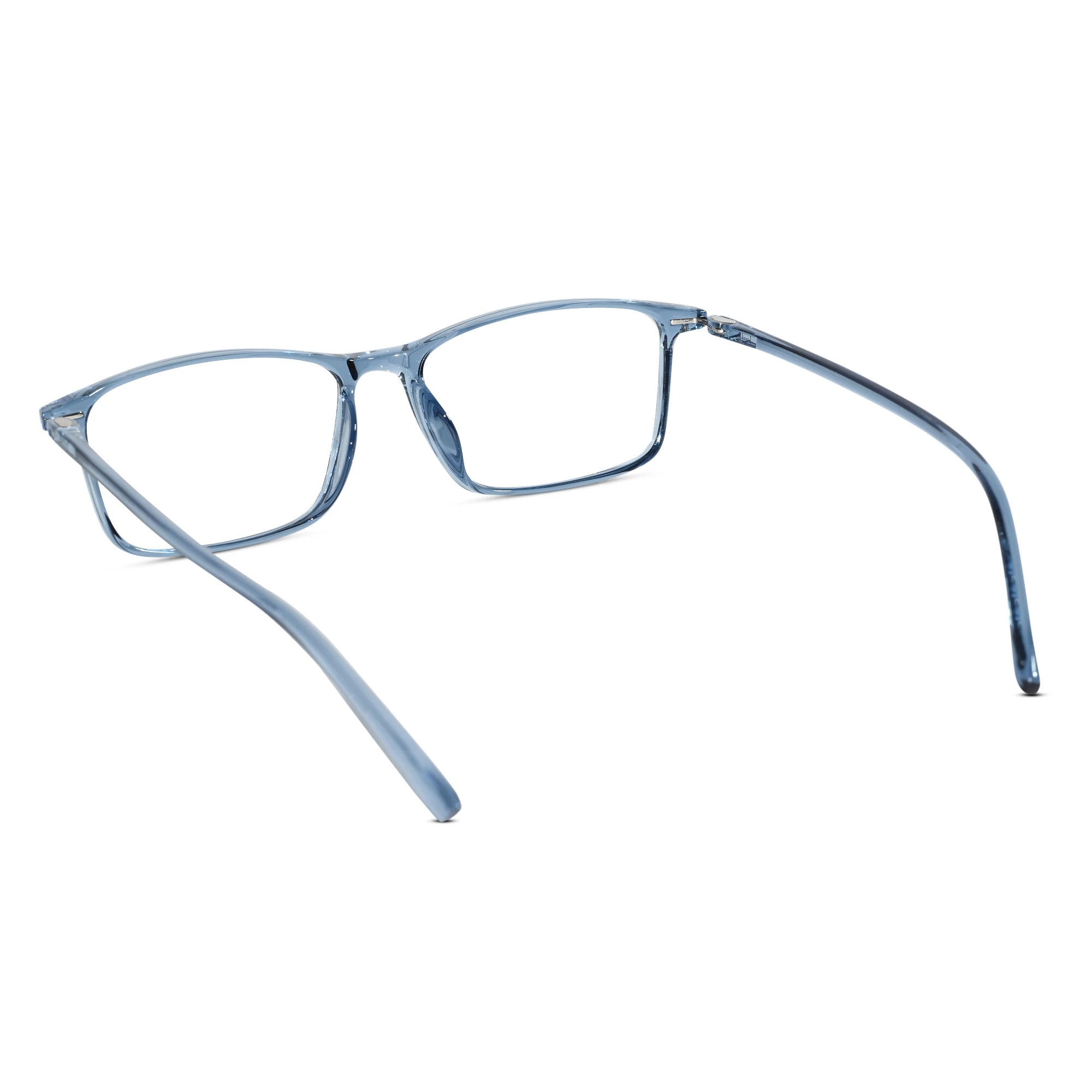 Light blue translucent metal eyeglasses with a square frame and thin temples, shown on a plain white background.