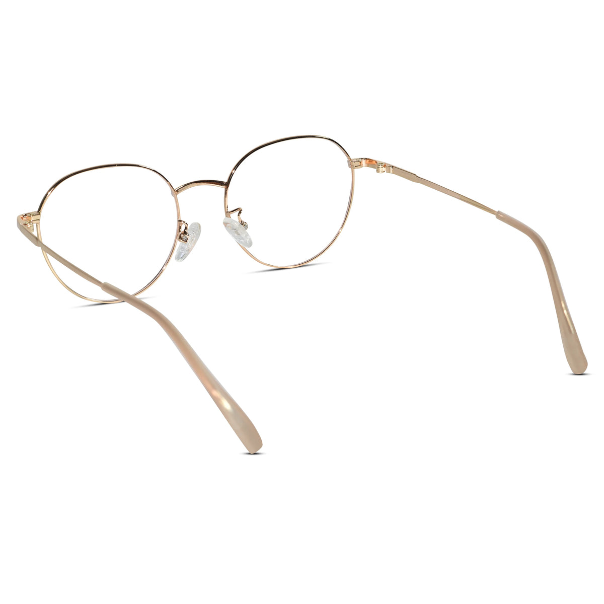 Oversized round metal eyeglasses with a thin rose gold frame and clear lenses, shown from a three-quarters angle on a white background.
