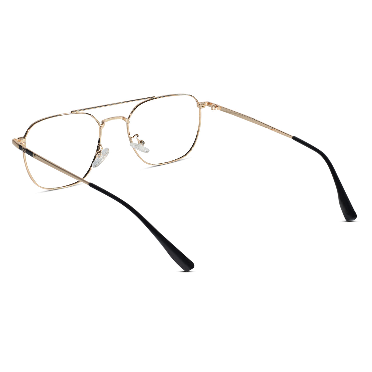 A pair of aviator-style eyeglasses with a thin gold metal frame and black temple arms, shown on a plain white background.