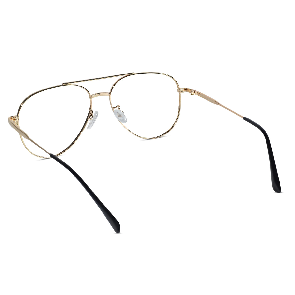 A pair of aviator-style eyeglasses with a thin gold-tone metal frame and black temple tips, shown on a plain white background.