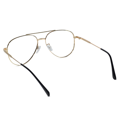 A pair of aviator-style eyeglasses with a thin gold-tone metal frame and black temple tips, shown on a plain white background.