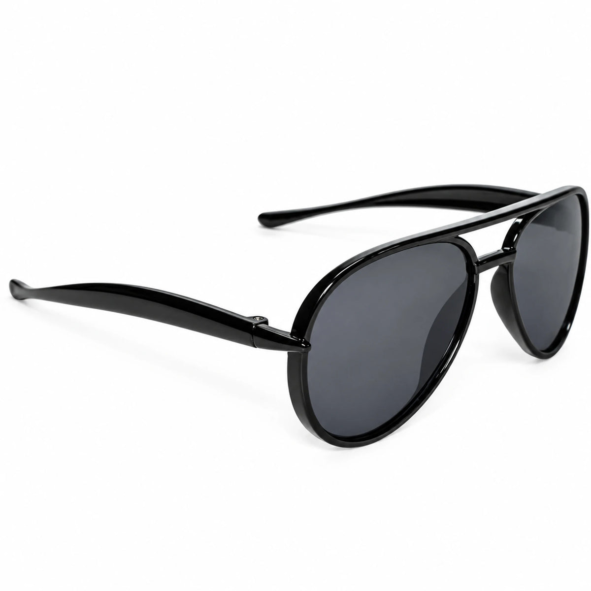 Black aviator sunglasses with a glossy frame and dark gray lenses, shown at an angle on a white background.