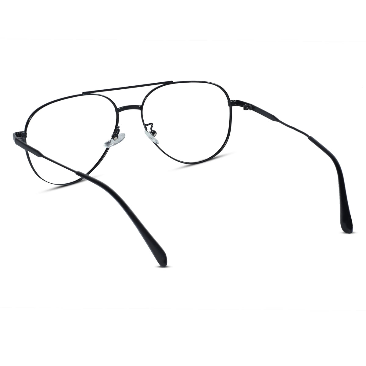 Black metal aviator-style eyeglasses with clear lenses and silver nose pads, shown on a plain white background.