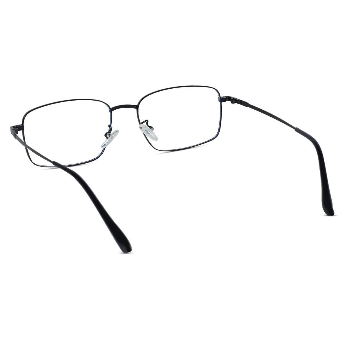 Black metal full-rim eyeglasses with a rectangular frame and slim temples, shown on a plain white background.