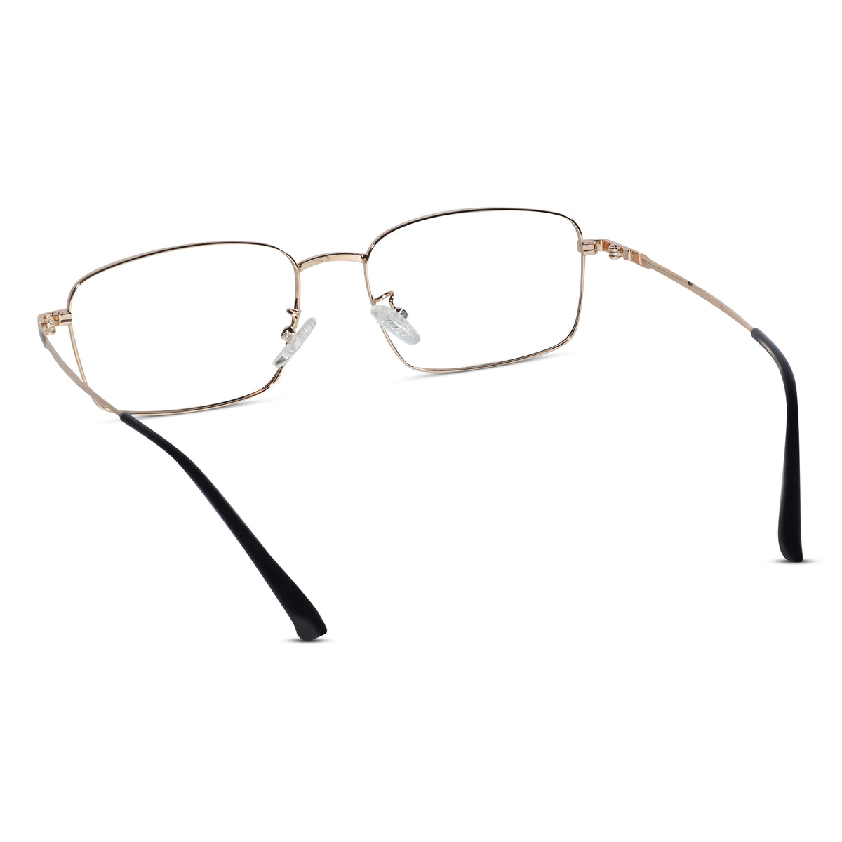Rectangular metal eyeglasses with a thin rose gold frame and black temple arms, shown on a plain white background.