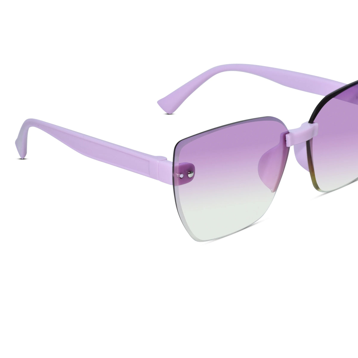 A pair of oversized square sunglasses with a lavender purple frame and gradient lenses that fade from purple at the top to clear at the bottom, shown on a white background.