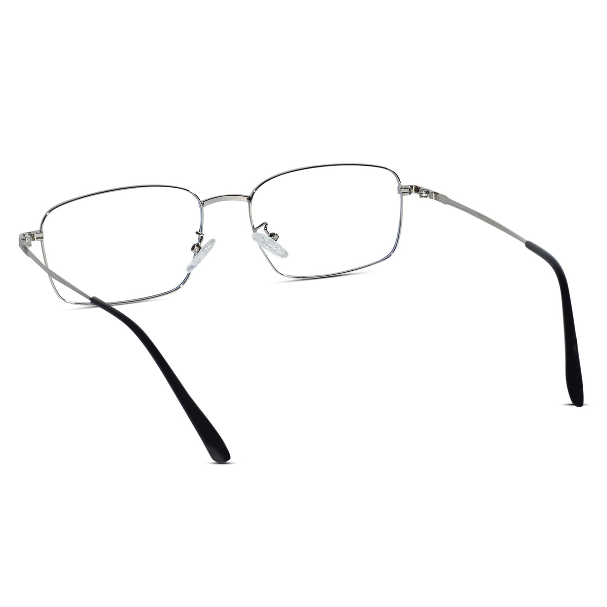 A pair of semi-rimless rectangular eyeglasses with a thin silver metal frame and black temple tips, shown on a plain white background.
