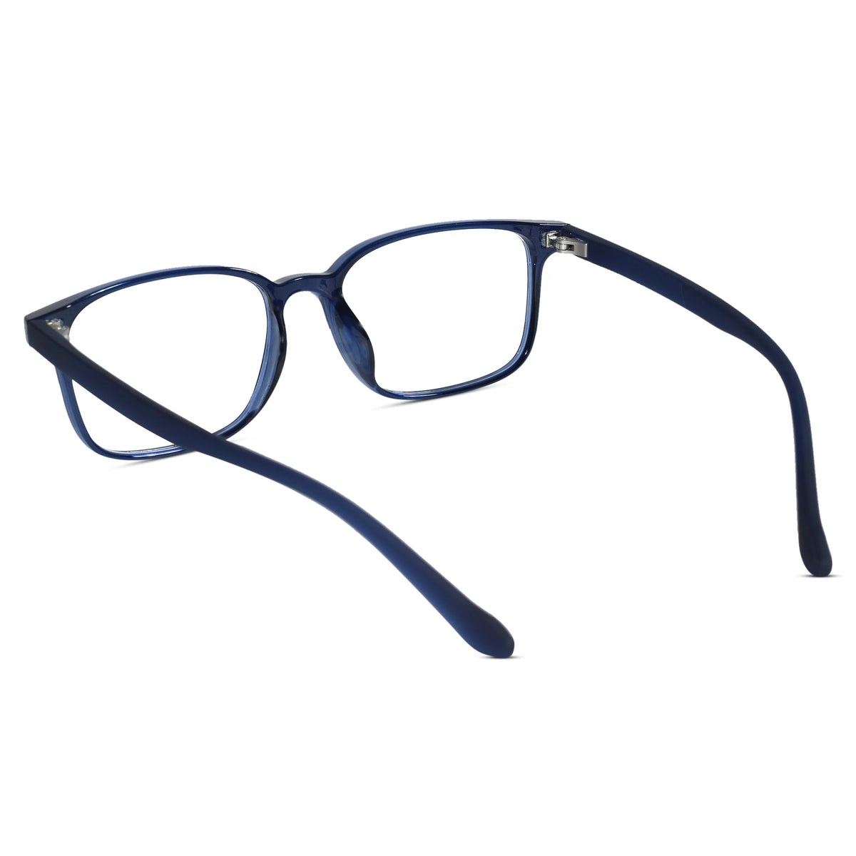 A pair of square-frame eyeglasses with a translucent dark blue acetate frame and clear lenses, shown on a plain white background.