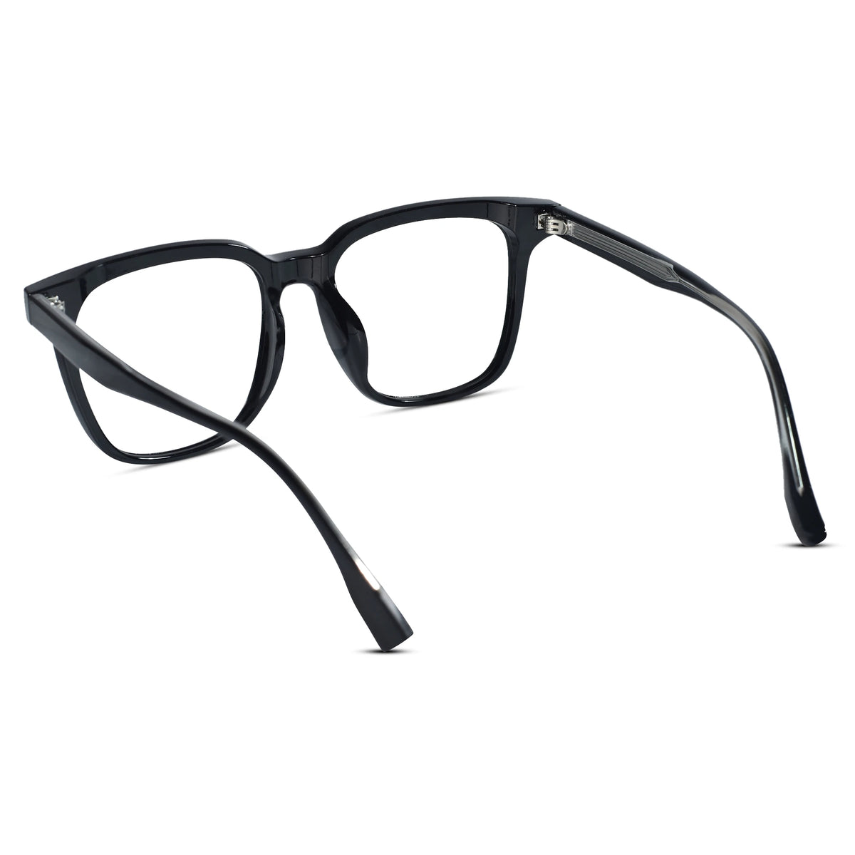 Black acetate square eyeglasses with clear lenses, shown from a three-quarters angle on a white background.