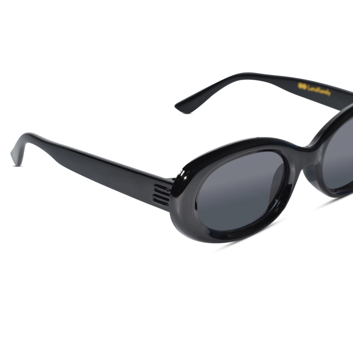 Black oval sunglasses with dark tinted lenses and a small gold brand logo on the temple arm, shown on a clean white background.