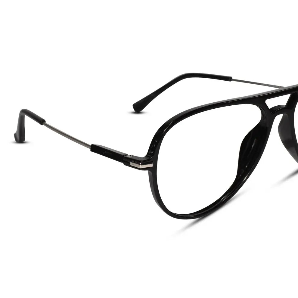Angled view of Black Aviator glasses to protect eyes from computer with zero power clear lenses for blue light and UV protection from computer screen eye strain.