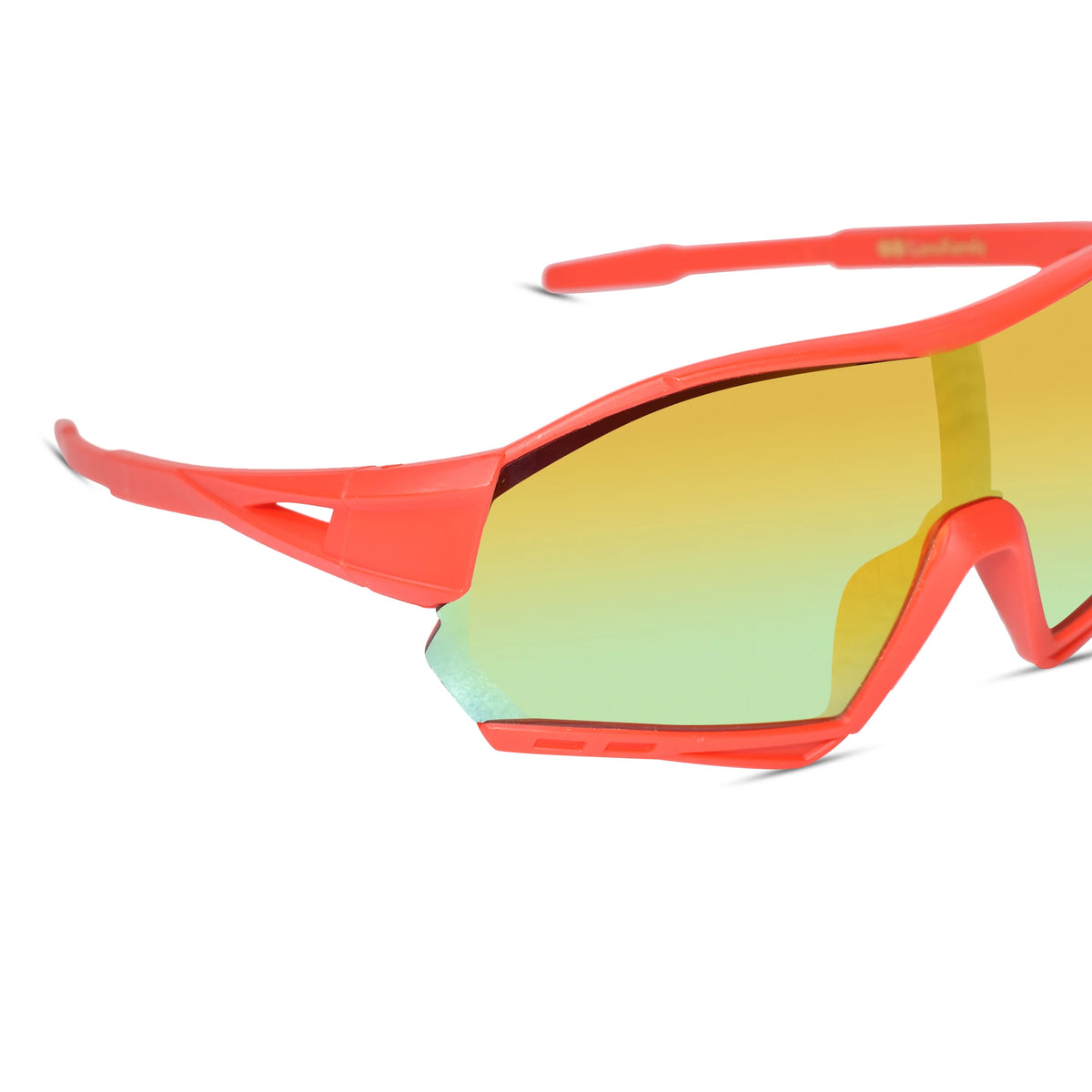 Sport sunglasses with a bright coral-red frame and a mirrored yellow-to-green gradient lens, shown on a clean white background.