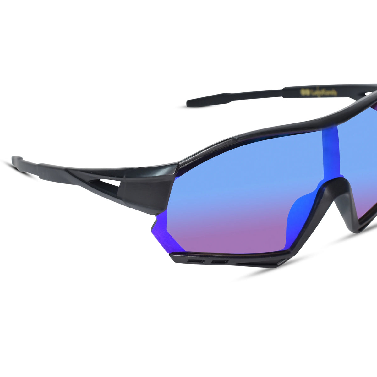 Close-up of sport sunglasses with a matte black frame and large blue-to-purple mirrored lenses on a clean white background.