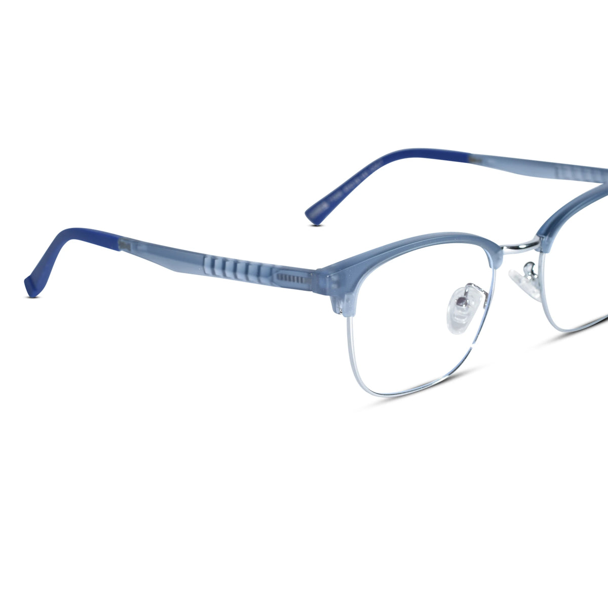 Light blue semi-translucent metal eyeglasses with clear lenses and silver nose pads, shown on a solid white background.