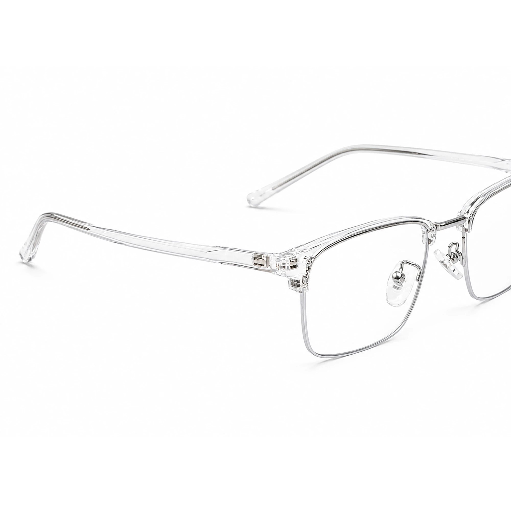 Clear acetate rimless eyeglasses with a silver metal bridge and nose pads, shown on a white background.