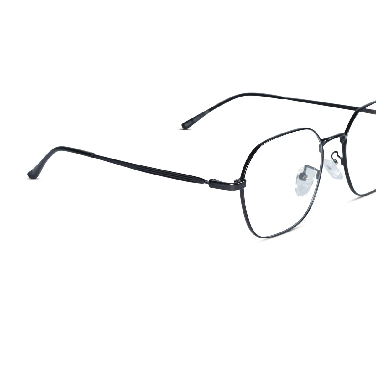 Black metal eyeglass frames with clear lenses and small clear nose pads, shown at an angle on a plain white background.