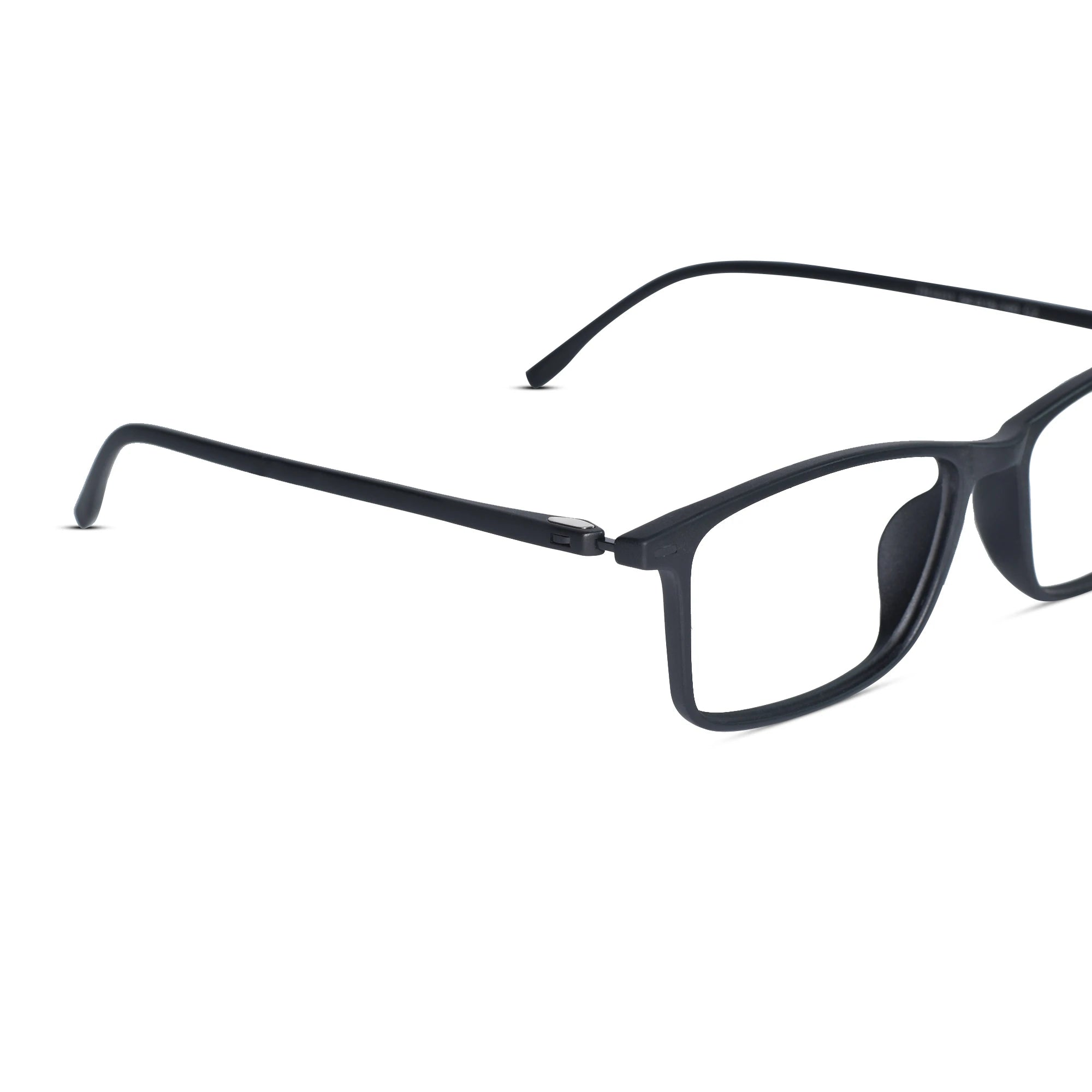 Black full-rim eyeglasses with a matte finish, shown at an angle on a solid white background.