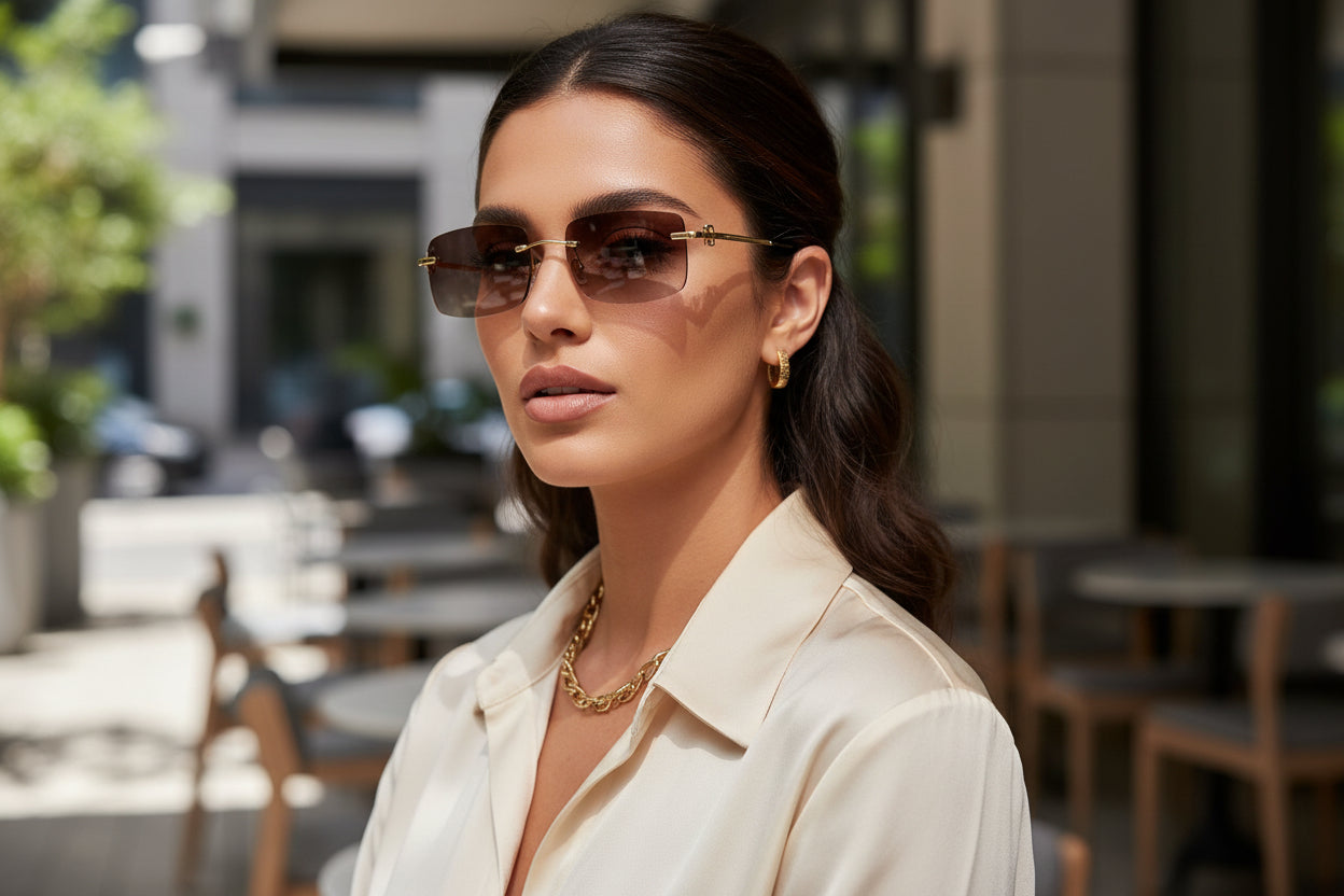 Rectangular Brown Rimless Sunglasses For Men & Women ELS66041-BRN