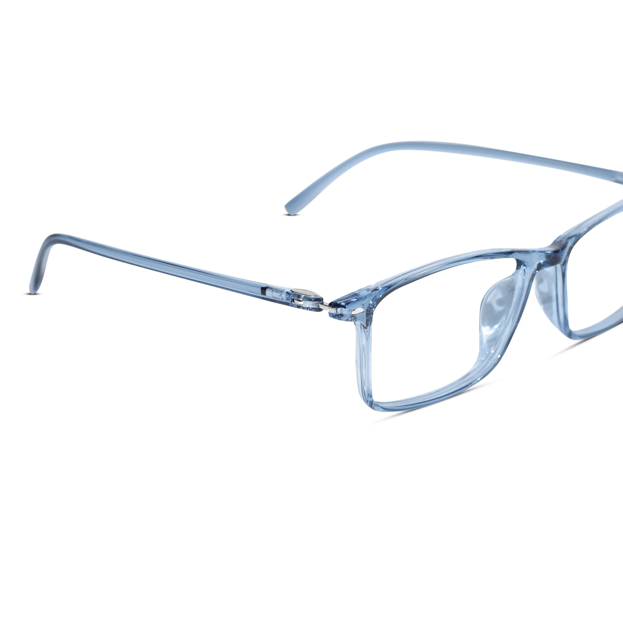 Light blue translucent acetate eyeglass frames with clear lenses, shown at an angle on a white background.