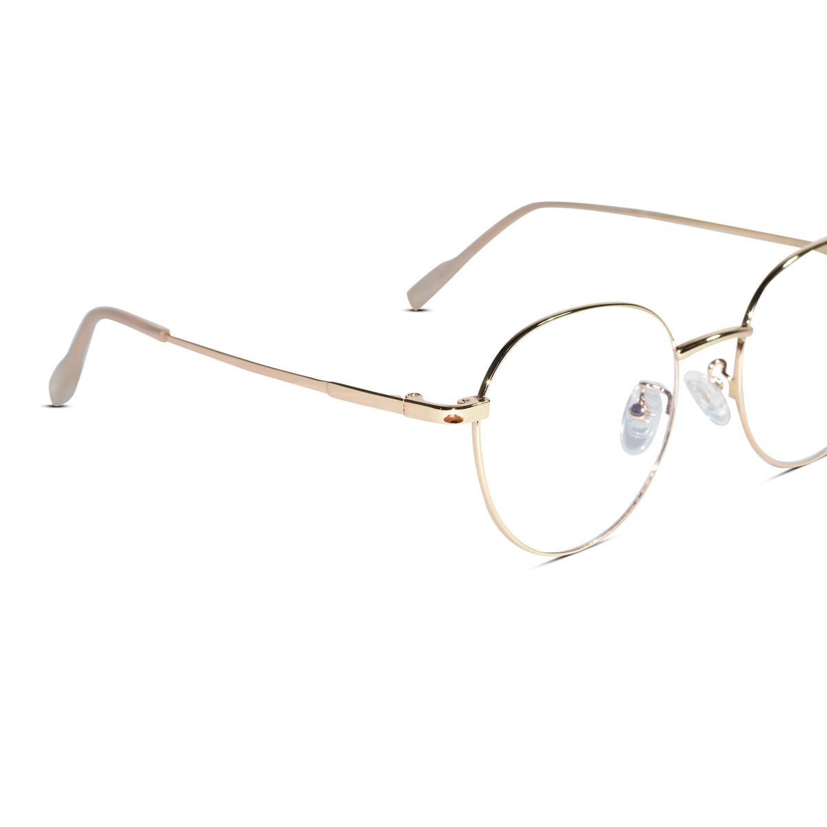 Oversized round metal eyeglasses with a thin gold-tone frame and clear lenses, shown on a plain white background.